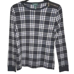 Lauren Ralph Lauren Jeans Co. L Tartan Plaid Patch Top Dark Academia Old Money